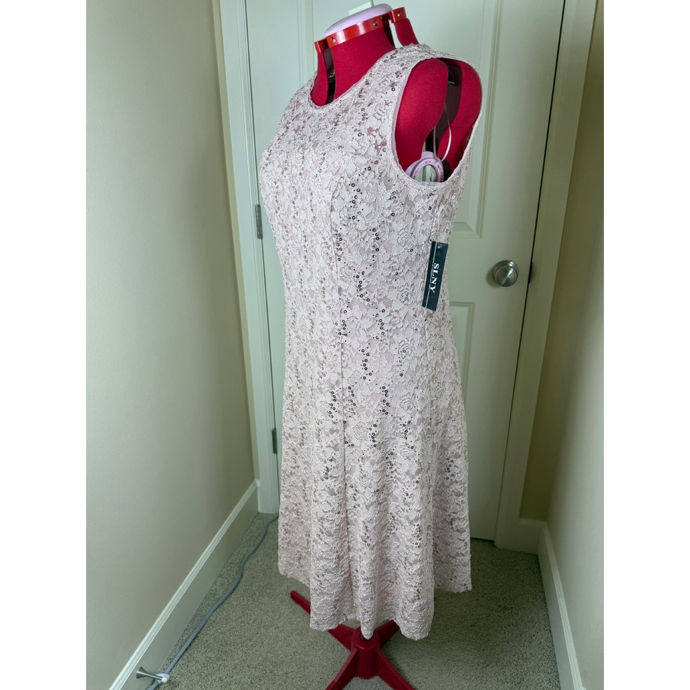 NWT Women's SLNY Plus 16 Blush Lace Sequin Midi Dress with Shrug 2PC Set - Picture 5 of 14